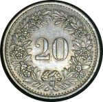 Швейцария 1947 г. B (Берн) • KM# 29a • 20 раппенов • регулярный выпуск • XF+ ( кат.- $5 )