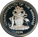 Багамы 1974 г. • KM# 63.1 • 25 центов • парусник • герб островов • регулярный выпуск • MS BU Люкс!! пруф