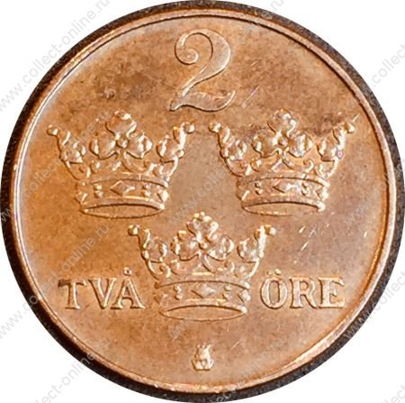 Швеция 1921 г. • KM# 778 • 2 эре • королевская монограмма • регулярный выпуск • XF-AU