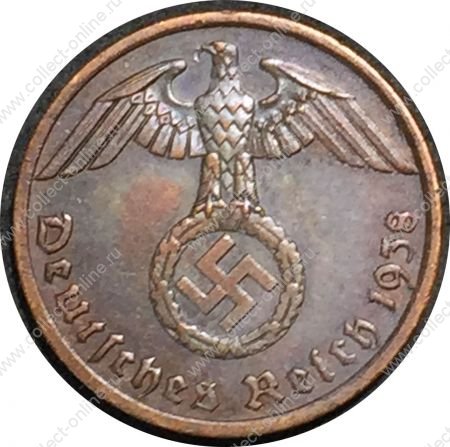 Германия • 3-й рейх 1938 г. A(Берлин) • KM# 89 • 1 рейхспфенниг • орел на венке • регулярный выпуск • XF-AU