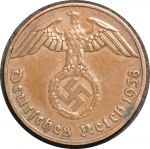 Германия • 3-й рейх 1938 г. E(Мюльденхуттен) • KM# 89 • 1 рейхспфенниг • орел на венке • регулярный выпуск • XF+