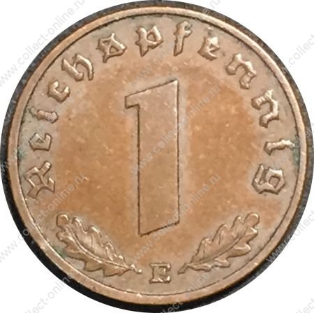 Германия • 3-й рейх 1938 г. E(Мюльденхуттен) • KM# 89 • 1 рейхспфенниг • орел на венке • регулярный выпуск • XF+
