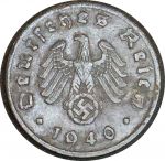 Германия • 3-й рейх 1940 г. A (Берлин) • KM# 97 • 1 рейхспфенниг • орел на венке • регулярный выпуск • XF