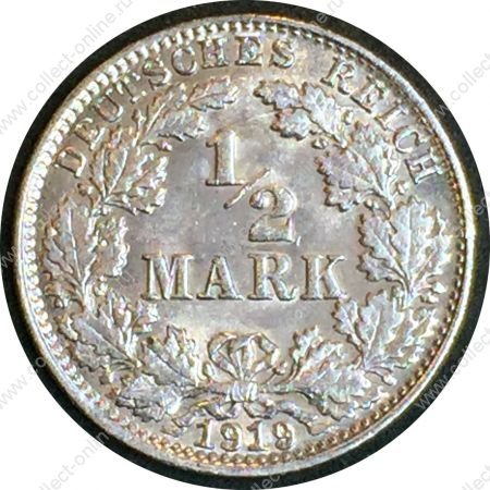 Германия 1919 г. D(Мюнхен) • KM# 17 • ½ марки • Имперский орел • регулярный выпуск • MS BU ( кат. - $60 )