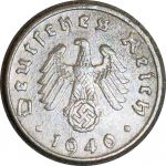 Германия • 3-й рейх 1940 г. F (Штутгарт) • KM# 100 • 5 рейхспфеннигов • орел на венке • регулярный выпуск • XF