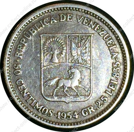 Венесуэла 1954 г. • KM# 36 • 50 сентимо • Симон Боливар • серебро • регулярный выпуск (год-тип) • XF-AU