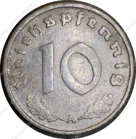 Германия 1940 г. A (Берлин) • KM# 101 • 10 рейхспфеннигов • орел на венке • регулярный выпуск • XF-