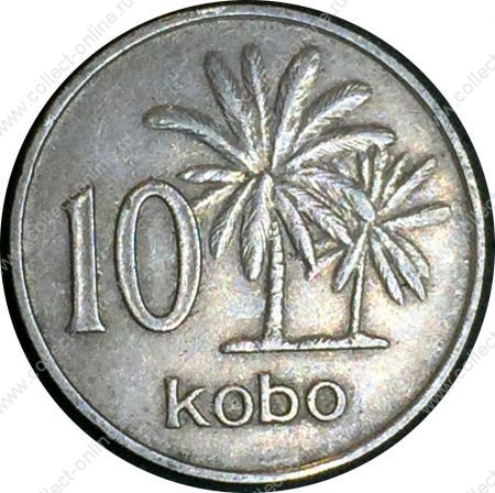 Нигерия 1973 г. • KM# 10.1 • 10 кобо • герб Нигерии • пальмы • регулярный выпуск • XF-AU