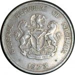 Нигерия 1973 г. • KM# 10.1 • 10 кобо • герб Нигерии • пальмы • регулярный выпуск • XF-AU