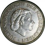 Нидерланды 1964 г. • KM# 185 • 2 ½ гульдена • королева Юлиана • серебро • регулярный выпуск • BU-
