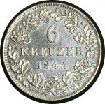 Франкфурт 1844 г. • KM# 335 • 6 крейцеров • герб • серебро • регулярный выпуск • BU ( кат. - $80 )
