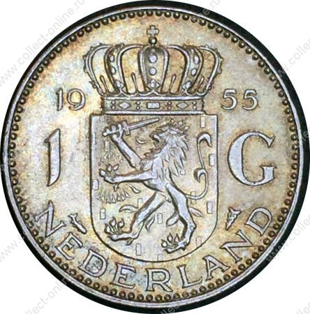 Нидерланды 1955 г. • KM# 184 • 1 гульден • королева Юлиана • серебро • регулярный выпуск • BU-
