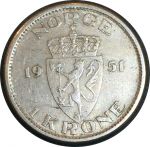 Норвегия 1951 г. • KM# 397.1 • 1 крона • герб • регулярный выпуск(год-тип) • XF-AU