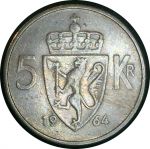 Норвегия 1964 г. • KM# 412 • 5 крон • Улаф V • регулярный выпуск • XF