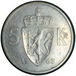 Норвегия 1963 г. • KM# 412 • 5 крон • Улаф V • регулярный выпуск(первый год) • XF