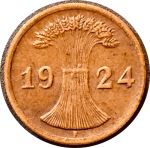 Германия 1924 г. F (Штутгарт) • KM# 38 • 2 рейхспфеннига • сноп пшеницы • регулярный выпуск • XF+