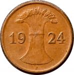Германия 1924 г. J (Гамбург) • KM# 37 • 1 рейхспфенниг • сноп пшеницы • регулярный выпуск • XF+