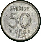 Швеция 1954 г. • KM# 825 • 50 эре • билон • Корона • регулярный выпуск • XF+