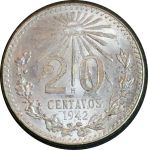 Мексика 1942 г. • KM# 438 • 20 сентаво • серебро • регулярный выпуск • MS BU Люкс!