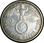 Германия • 3-й рейх 1938 г. F (Штутгарт) • KM# 93 • 2 рейхсмарки • символ Рейха • Гинденбург • серебро • регулярный выпуск • BU- ( кат. - $25 )