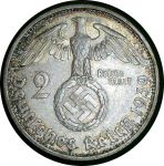 Германия • 3-й рейх 1939 г. F (Штутгарт) • KM# 93 • 2 рейхсмарки • символ Рейха • Гинденбург • серебро • регулярный выпуск • BU ( кат. - $25 )