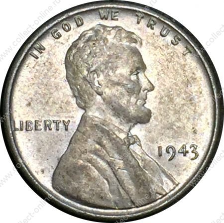 США 1943 г. • KM# 132a • 1 цент • "военный" • Авраам Линкольн • регулярный выпуск • BU