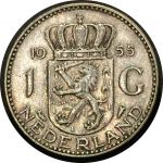 Нидерланды 1955 г. • KM# 184 • 1 гульден • королева Юлиана • серебро • регулярный выпуск • XF-AU