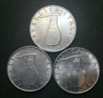 Италия 1953-1955 гг. R KM# 92 • 5 лир • 3 монеты • дельфин • регулярный выпуск • BU - MS BU ( кат. - $8 )