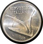 Италия 1955 г. R (Рим) • KM# 93 • 10 лир • плуг • регулярный выпуск • MS BU ( кат.- $5 )