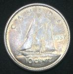 Канада 1957 г. • KM# 51 • 10 центов • Елизавета II • парусник • серебро • регулярный выпуск • BU