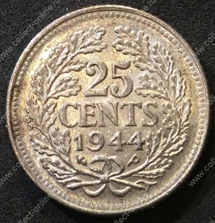 Нидерланды 1944 г. P • KM# 164 • 25 центов • королева Вильгельмина I • серебро • регулярный выпуск • MS BU