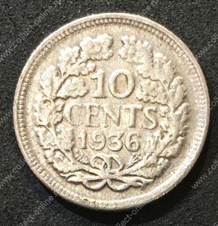 Нидерланды 1936 г. • KM# 163 • 10 центов • королева Вильгельмина I • серебро • регулярный выпуск • VF