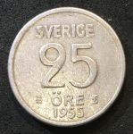 Швеция 1955 г. • KM# 824 • 25 эре • билон • Корона • регулярный выпуск • XF-