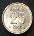 Швеция 1953 г. • KM# 824 • 25 эре • билон • Корона • регулярный выпуск • AU