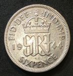 Великобритания 1944 г. • KM# 852 • 6 пенсов • Георг VI • регулярный выпуск • XF+