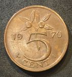 Нидерланды 1970 г. • KM# 181 • 5 центов • королева Юлиана • регулярный выпуск • MS BU • красн. бронза ( кат.- $8,00 )