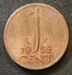Нидерланды 1958 г. • KM# 180 • 1 цент • королева Юлиана • регулярный выпуск • MS BU ( кат.- $15,00 )