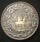 Швейцария 1921 г. B (Берн) • KM# 21 • 2 франка • серебро • регулярный выпуск • BU- ( кат. - $60 )