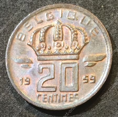 Бельгия 1959 г. • KM# 146 • 20 сантимов • "Belgique"(фр. текст) • регулярный выпуск • MS BU • красн. бронза