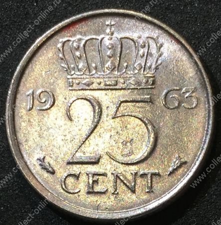 Нидерланды 1963 г. • KM# 183 • 25 центов • королева Юлиана • регулярный выпуск • BU ( кат.- $10,00 )