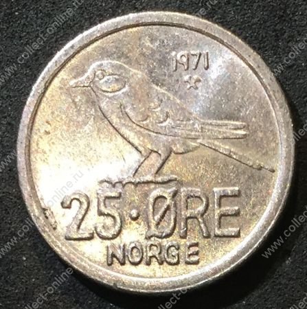 Норвегия 1971 г. • KM# 407 • 25 эре • воробей • регулярный выпуск • BU-