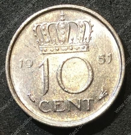 Нидерланды 1951 г. • KM# 182 • 10 центов • королева Юлиана • регулярный выпуск • AU+ ( кат.- $6,00 )