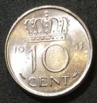 Нидерланды 1951 г. • KM# 182 • 10 центов • королева Юлиана • регулярный выпуск • MS BU ( кат.- $12,00 )