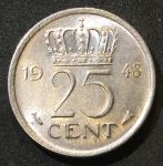 Нидерланды 1948 г. • KM# 178 • 25 центов • год - тип • королева Вильгельмина • регулярный выпуск • BU- ( кат.- $15,00 )