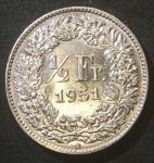 Швейцария 1951 г. B (Берн) • KM# 23 • ½ франка • серебро • регулярный выпуск • MS BU люкс!