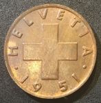 Швейцария 1951 г. B • KM# 47 • 2 раппена • регулярный выпуск • MS BU ( кат.- $12,00 )
