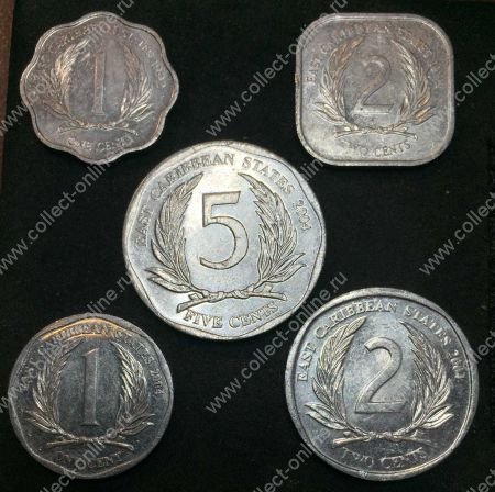 Восточно-Карибский Союз 1992 - 2004 гг. • KM# 10,11,34-6 • 1,2 и 5 центов • лот 5 типов • Елизавета II • регулярный выпуск • XF - AU