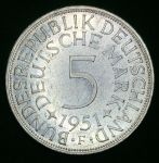 Германия • ФРГ 1951 г. • F (Штутгарт) • KM# 112.1 • 5 марок • серебро • первый год чеканки типа • регулярный выпуск • BU- ( кат.- $75,00 )
