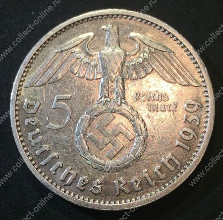 Германия 3-й рейх 1939 г. J (Гамбург) KM# 94 • 5 рейхсмарок • (серебро) • символ Рейха • Гинденбург • регулярный выпуск • BU