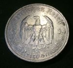 Германия • 3-й рейх 1934 г. E • KM# 83 • 5 рейхсмарок • (серебро) • символ Рейха • Кирха(церковь) • регулярный выпуск • XF+